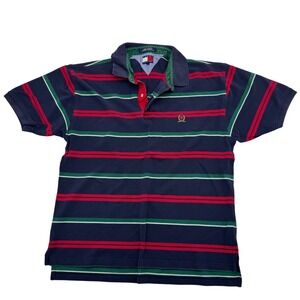 Vintage Tommy Hilfiger Mens L Striped Polo Shirt Navy Red Green Crest Logo 90s